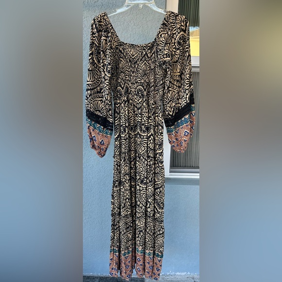 Angie Smocked Balloon Sleeves Boho Gypsy Festival Tiered Maxi Dress Size L - Picture 2 of 4